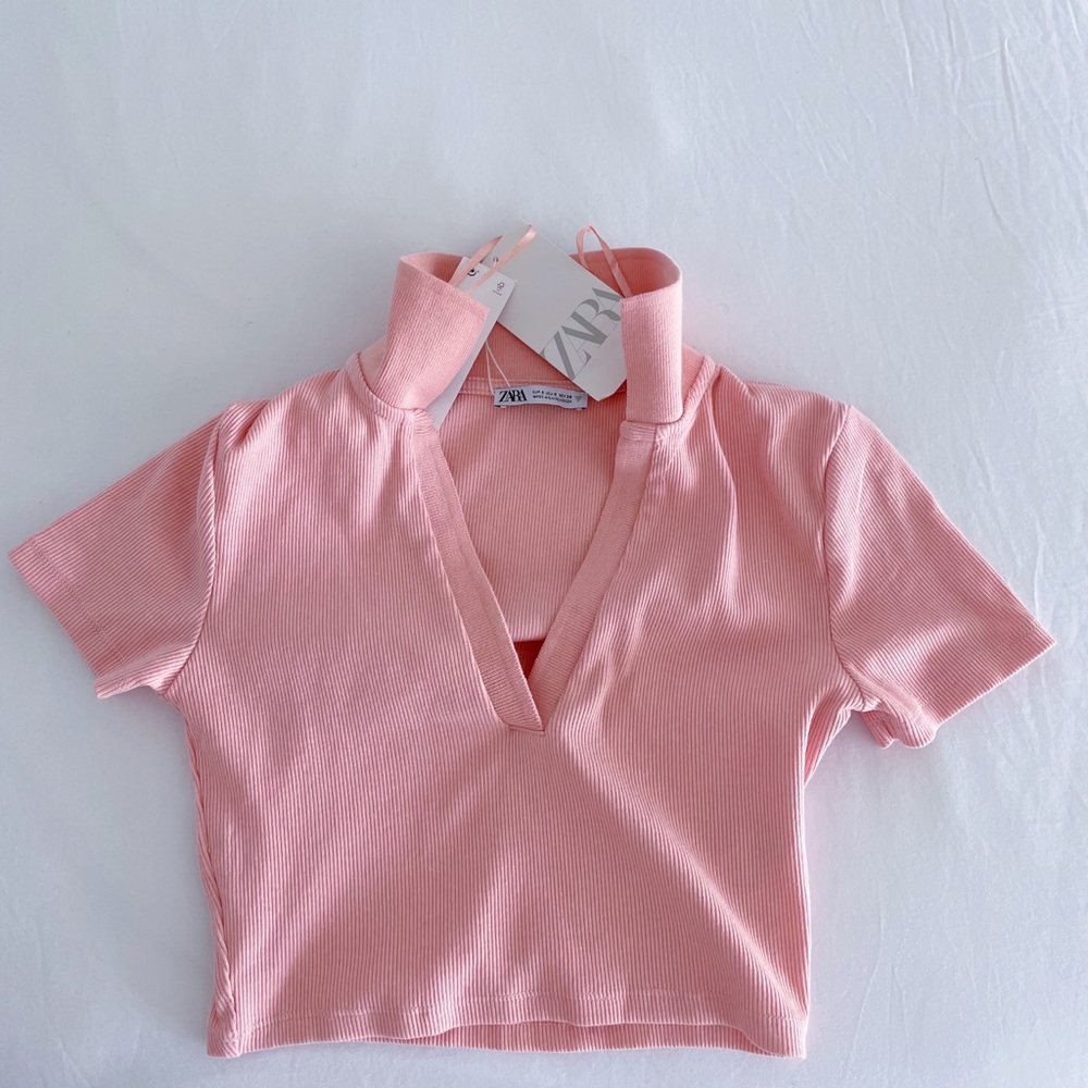 SOLD Zara cropped polo shirt in pink size small